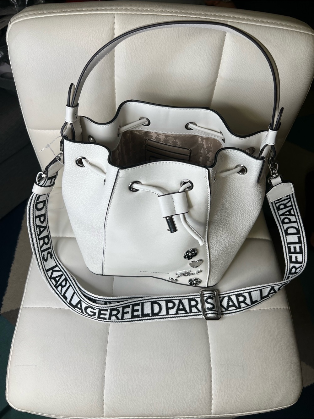 Karl Lagerfeld White Leather Drawstring Bucket Bag with Logo Strap - Picture 2 of 5